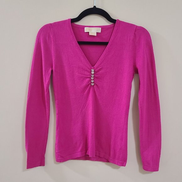 EUC MICHAEL Michael Kors Fuscia Pink Barbiecore Sweater w/Jewelled Buttons - Picture 1 of 5